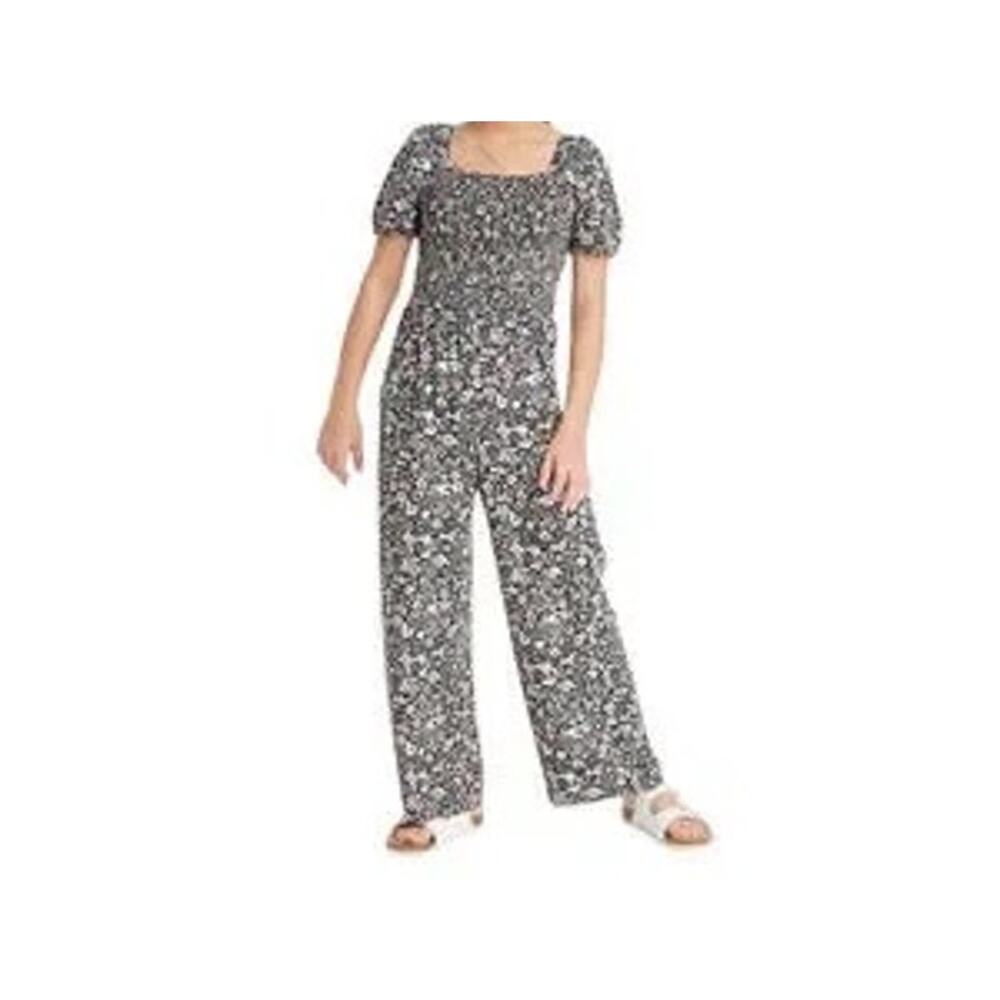 Girl's Art Class Black Floral print smocked puff sleeve jumpsuit XL 14 spring